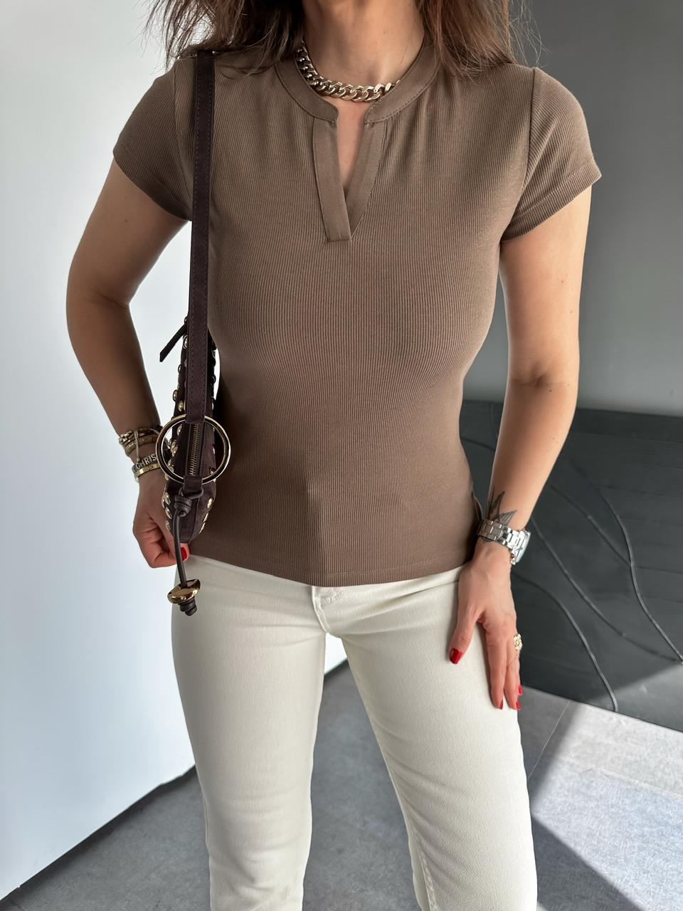 Kahve Damla Yaka Cotton Tshirt