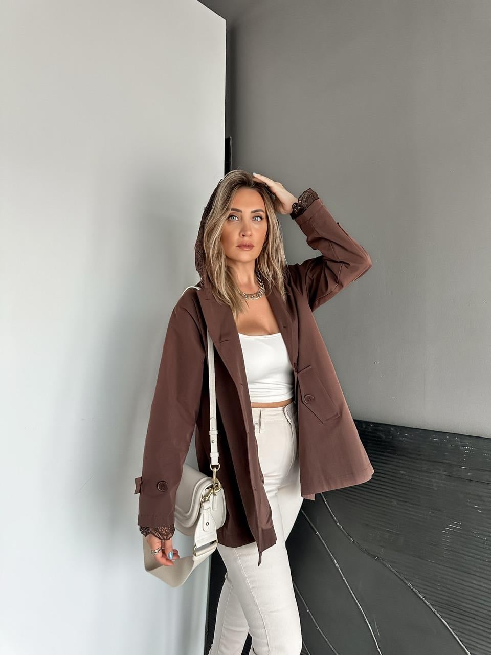 Kahve Dantel Parçalı Trençkot