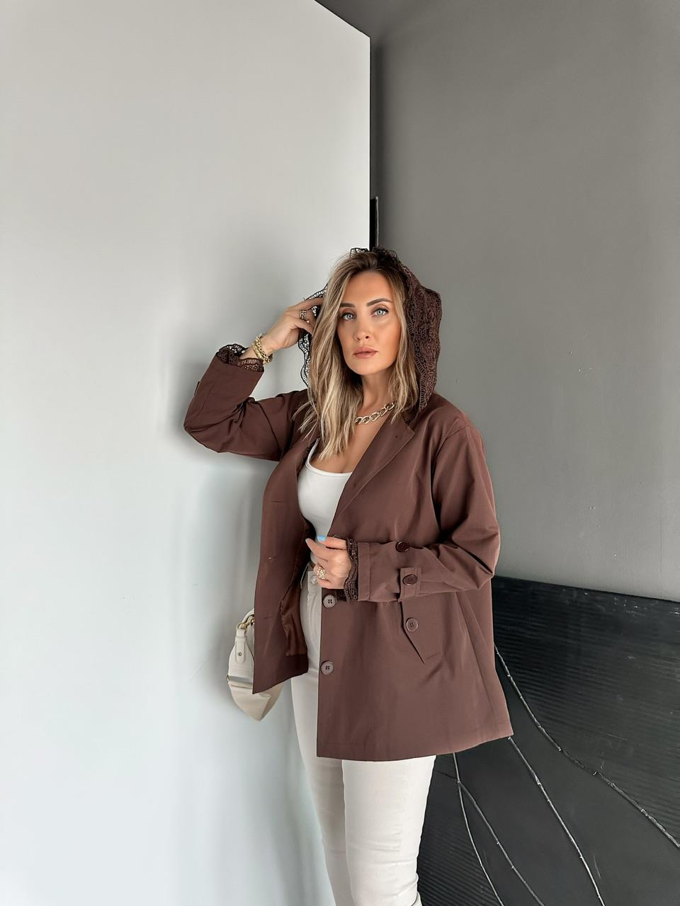 Kahve Dantel Parçalı Trençkot
