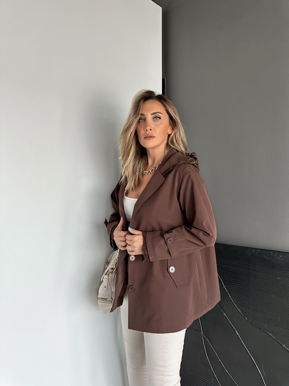Kahve Dantel Parçalı Trençkot