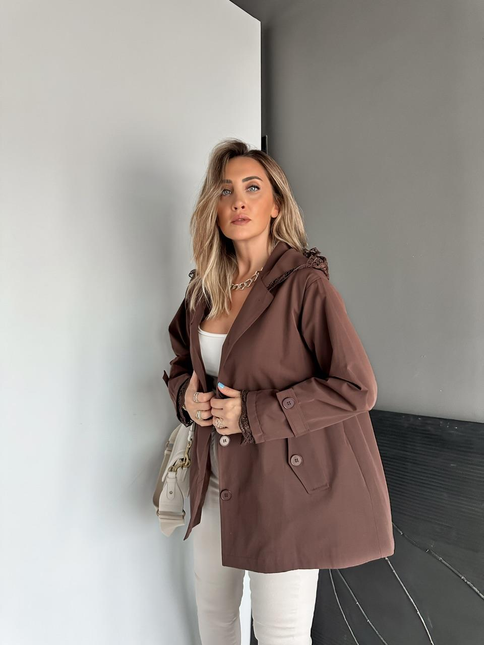 Kahve Dantel Parçalı Trençkot
