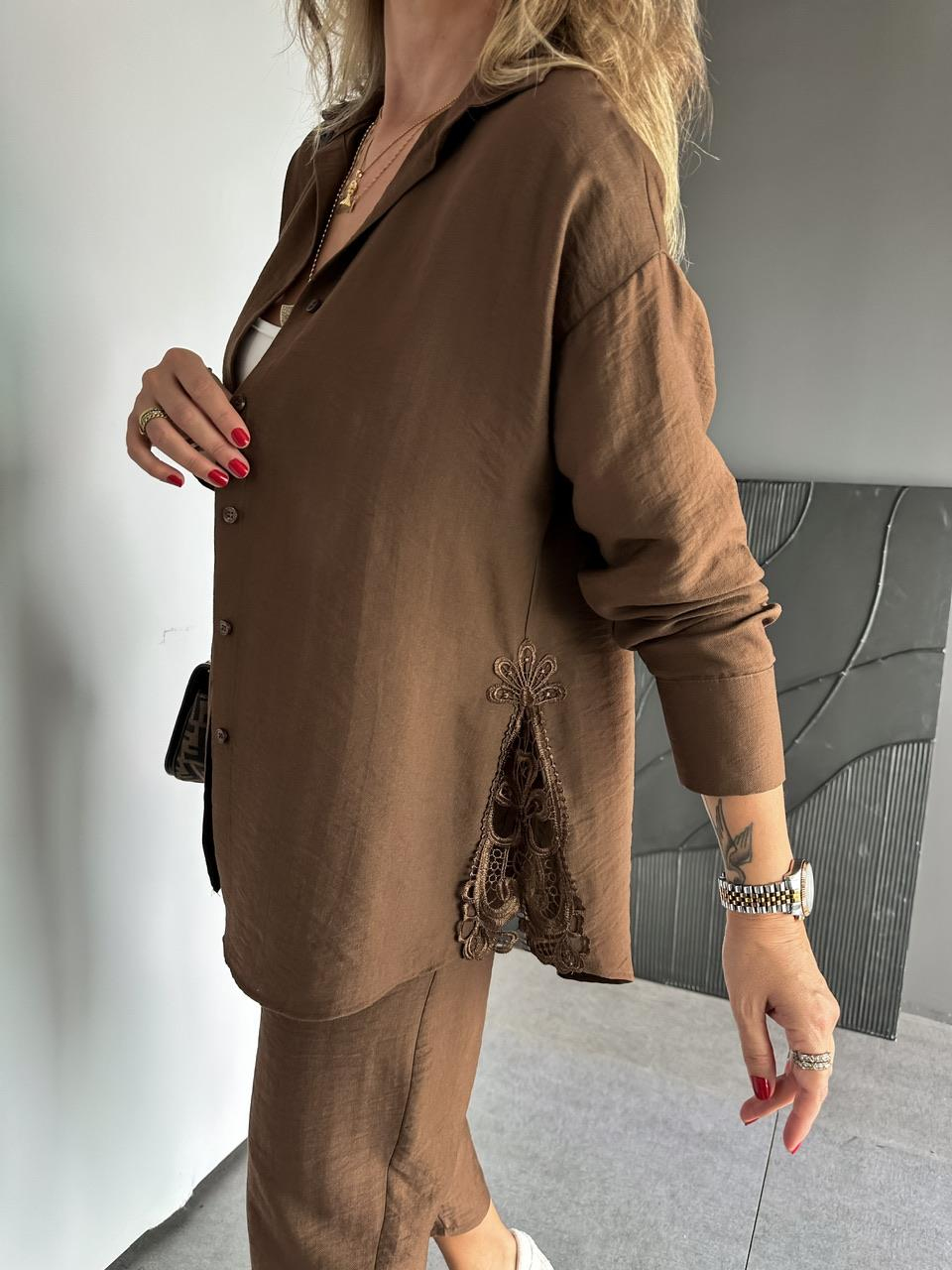 Kahve Dantelli Gömlek Pantolon Takım
