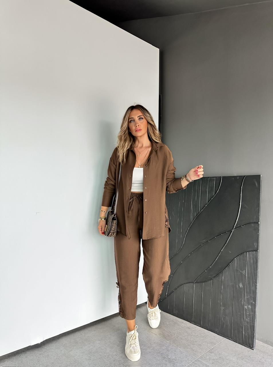 Kahve Dantelli Gömlek Pantolon Takım
