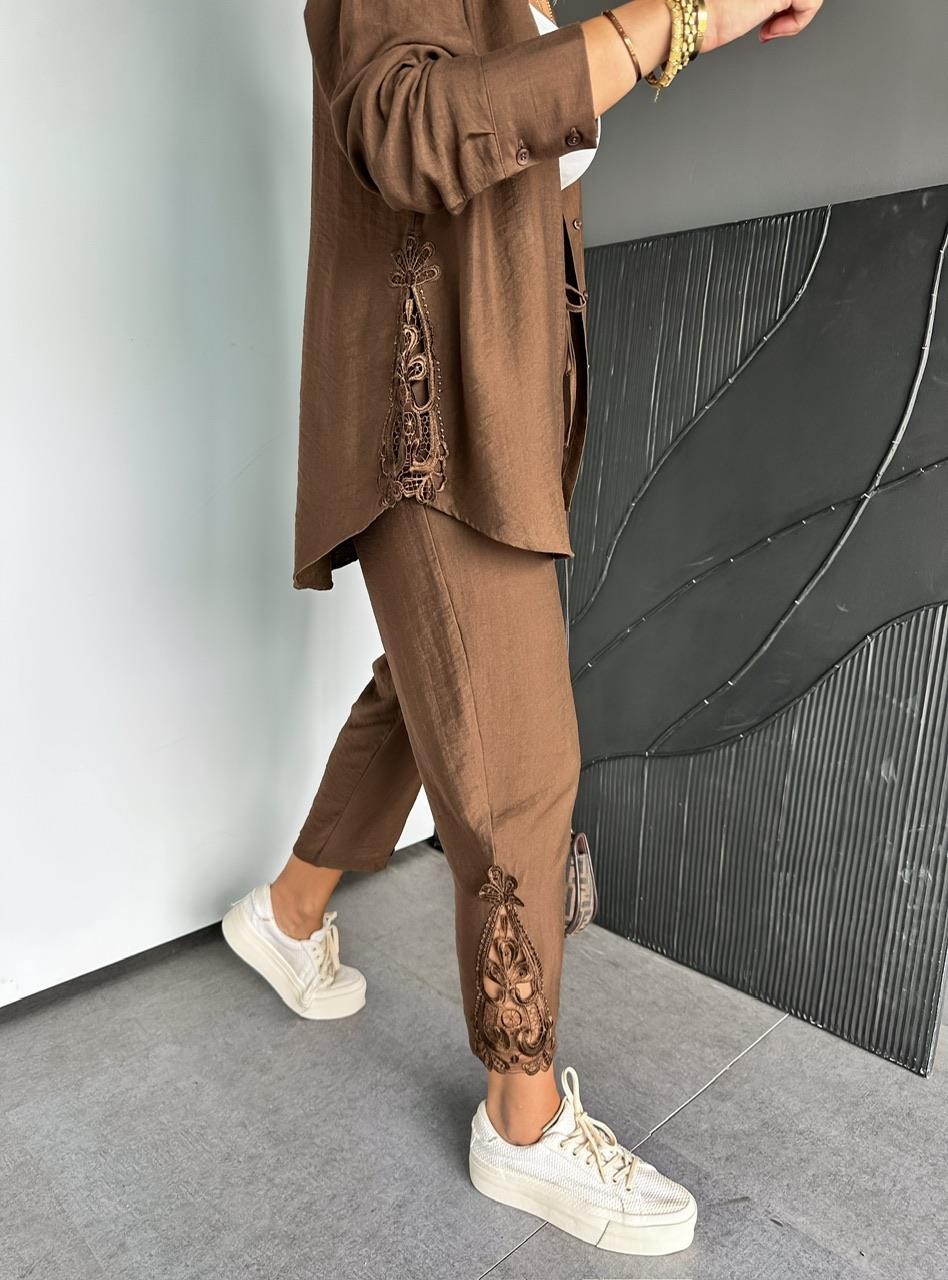 Kahve Dantelli Gömlek Pantolon Takım