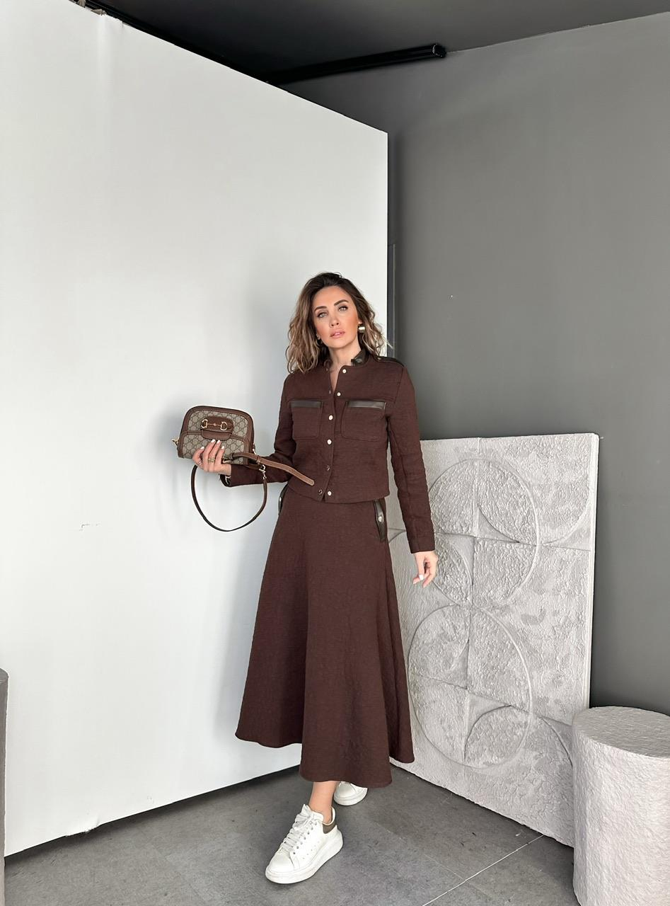Kahve Deri Parçalı Etekli Takım