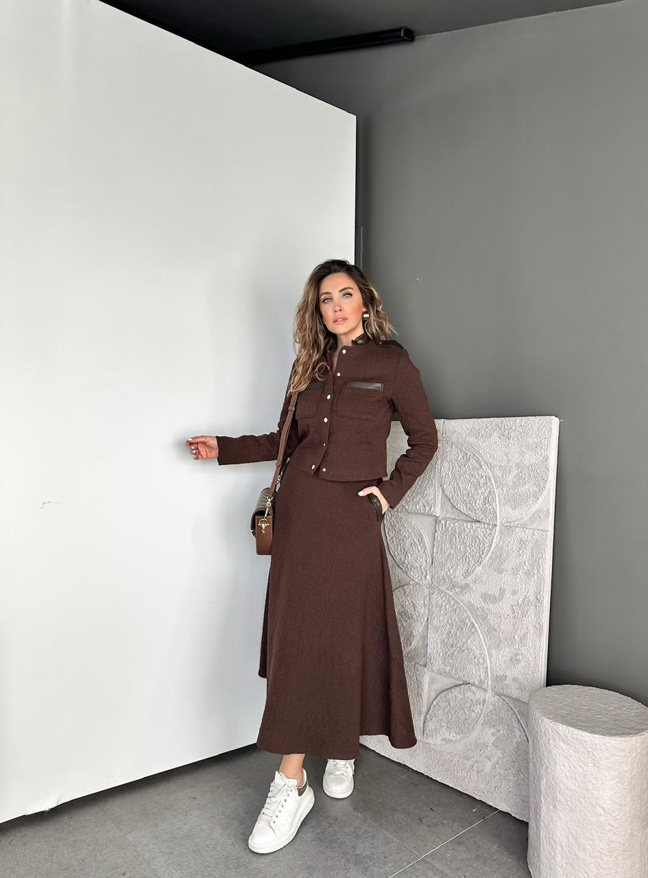 Kahve Deri Parçalı Etekli Takım