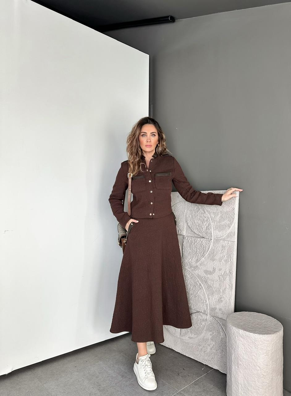 Kahve Deri Parçalı Etekli Takım