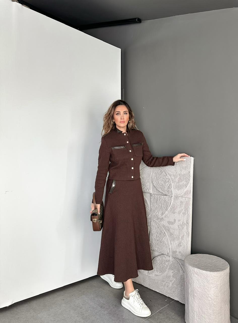Kahve Deri Parçalı Etekli Takım