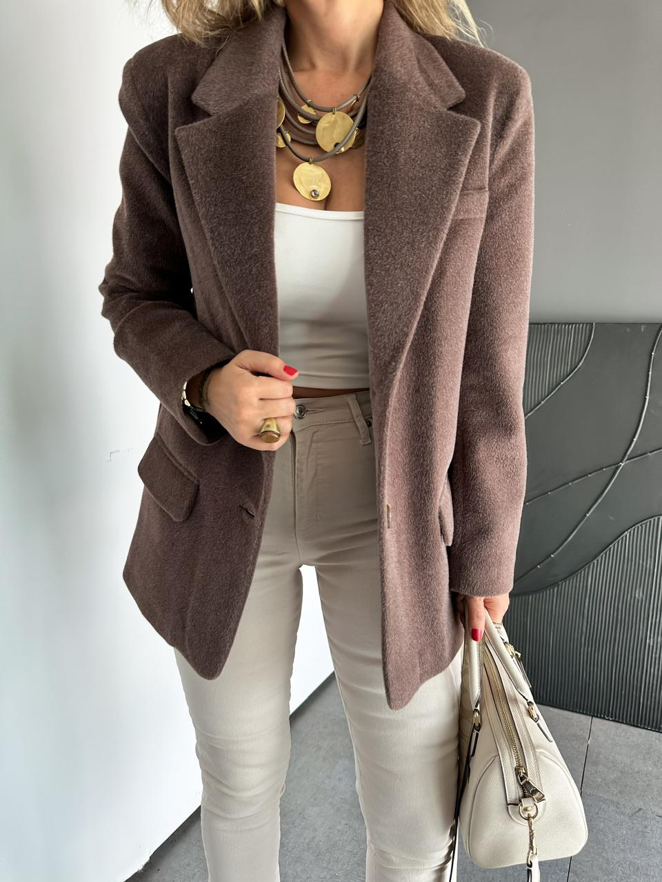Kahve Deve Tüyü Kapak Cepli Blazer Ceket