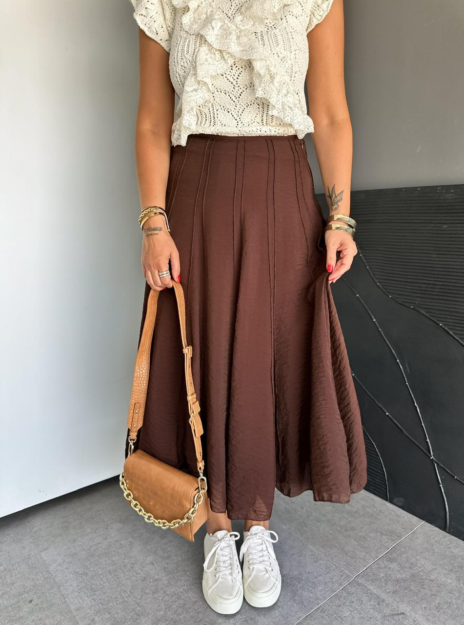 Kahve Dikişli Astarlı Kloş Etek