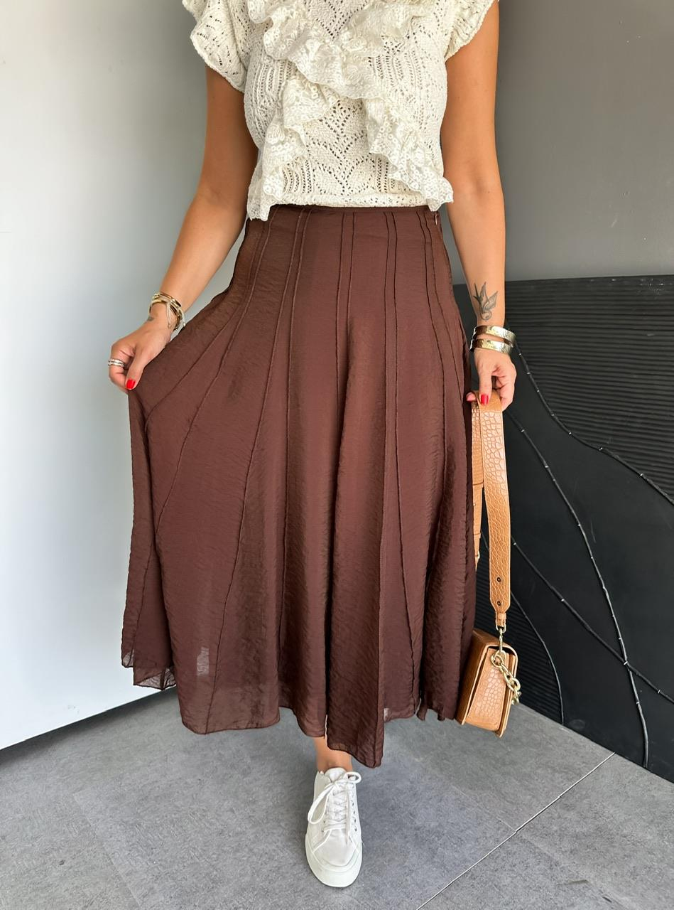 Kahve Dikişli Astarlı Kloş Etek