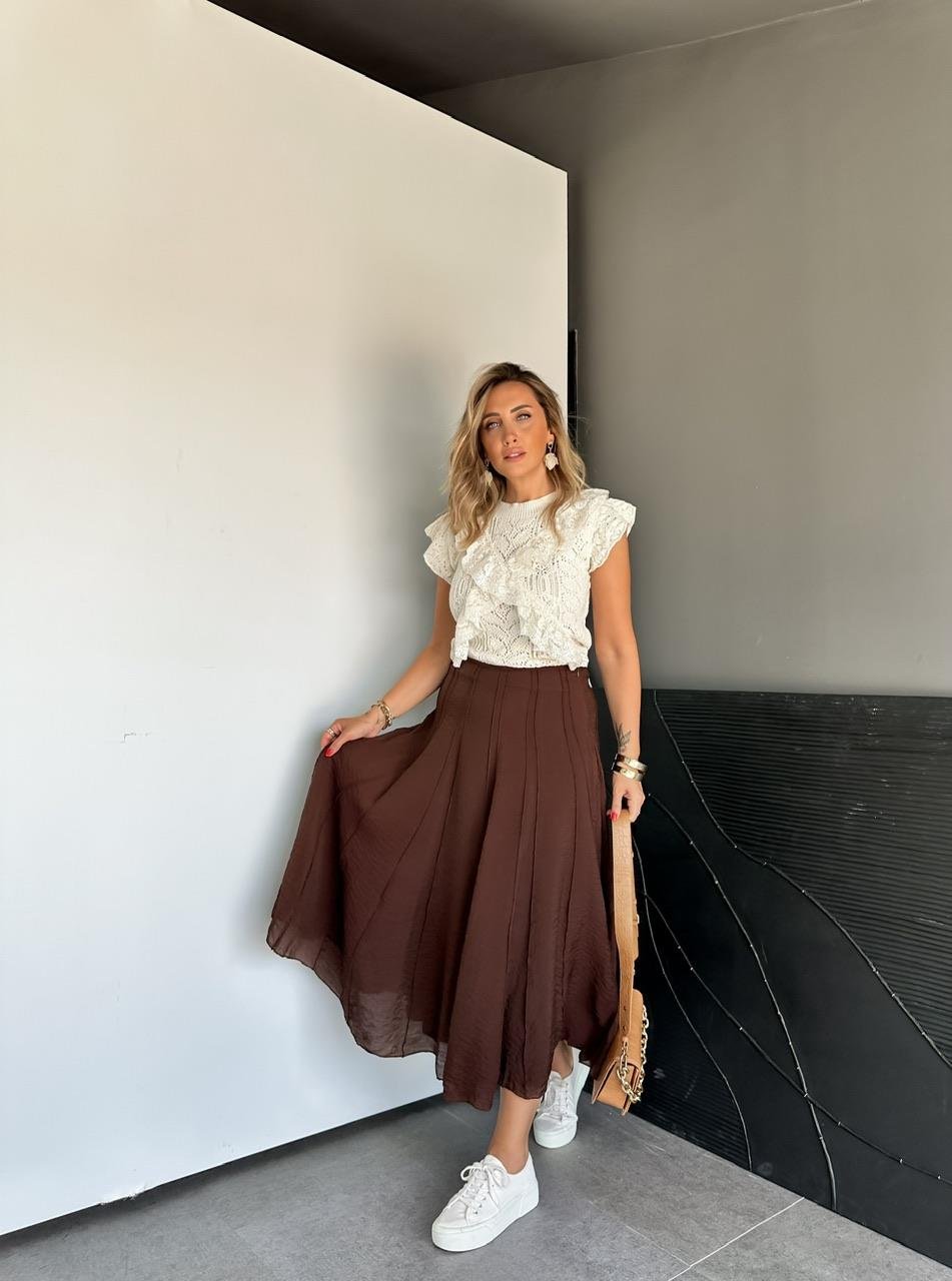 Kahve Dikişli Astarlı Kloş Etek