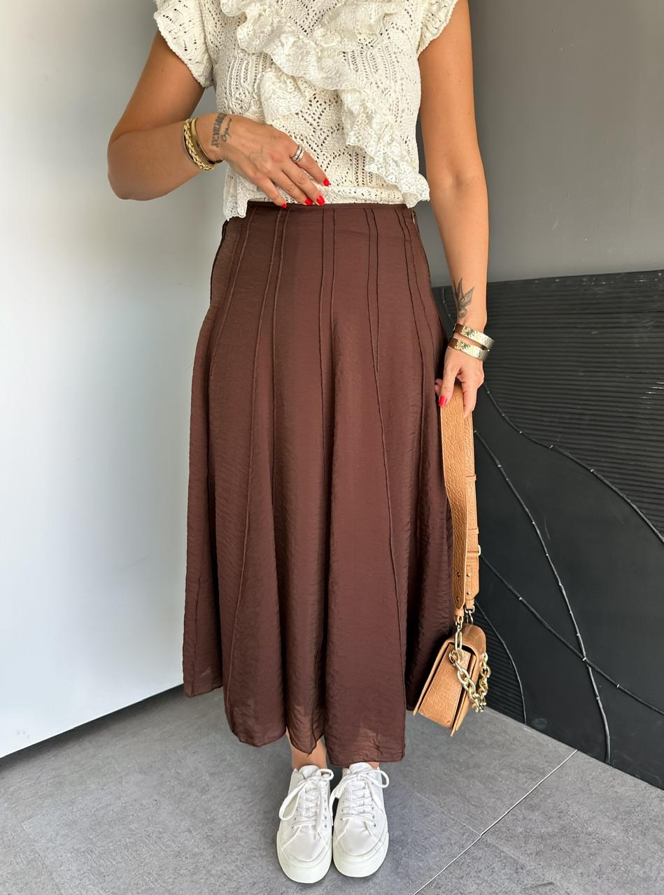Kahve Dikişli Astarlı Kloş Etek