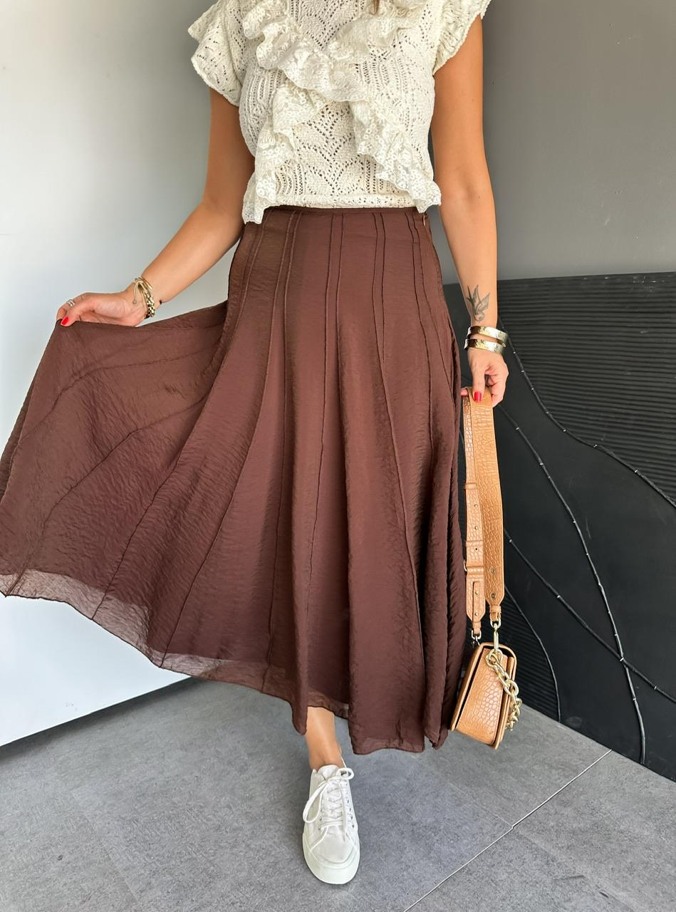 Kahve Dikişli Astarlı Kloş Etek