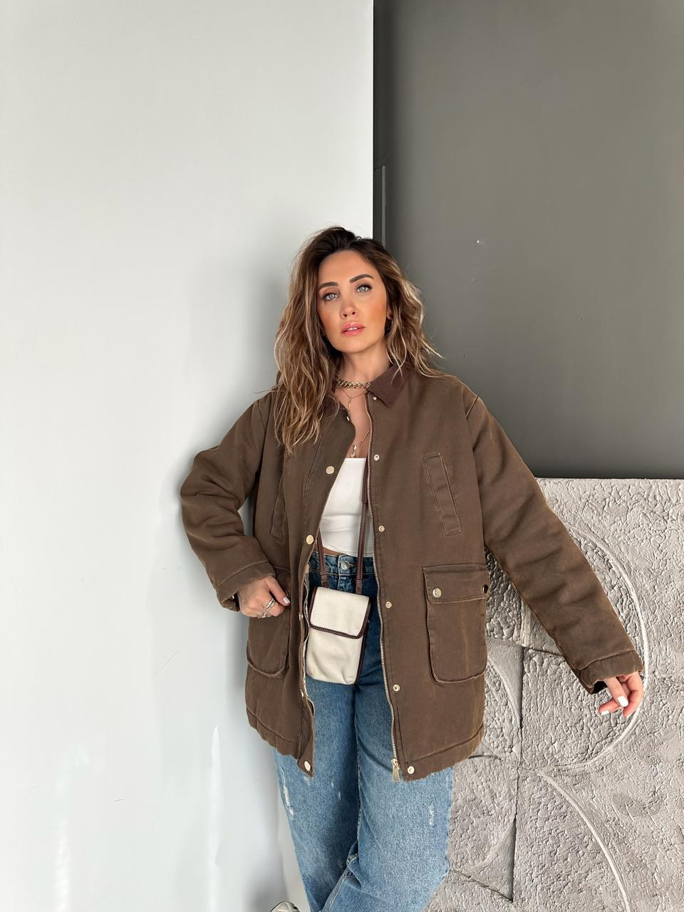 Kahve Ekose Astarlı Safari Mont