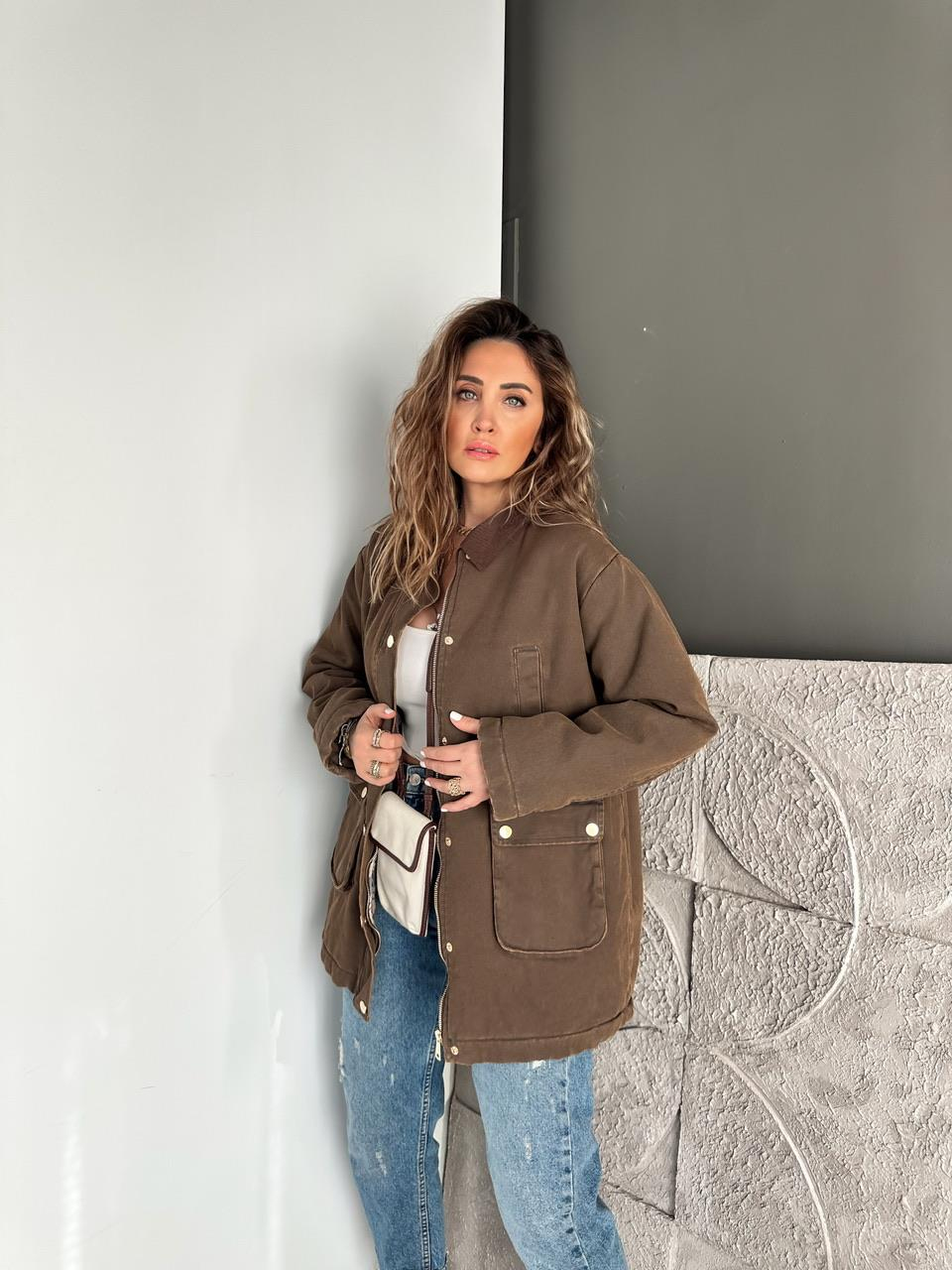 Kahve Ekose Astarlı Safari Mont