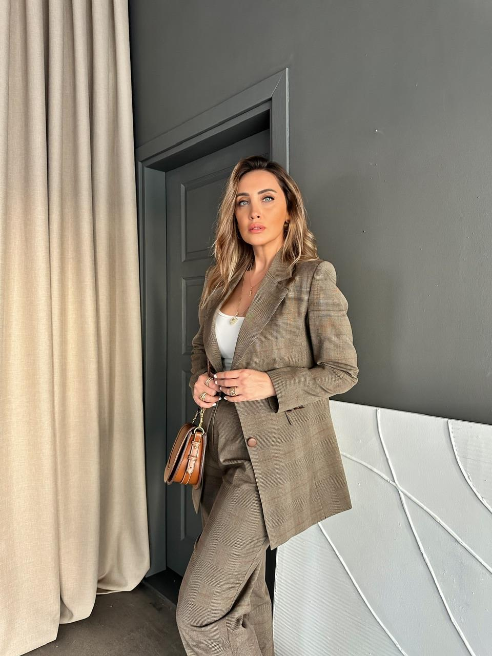 Kahve Ekose Deri Biyeli Premium Takım