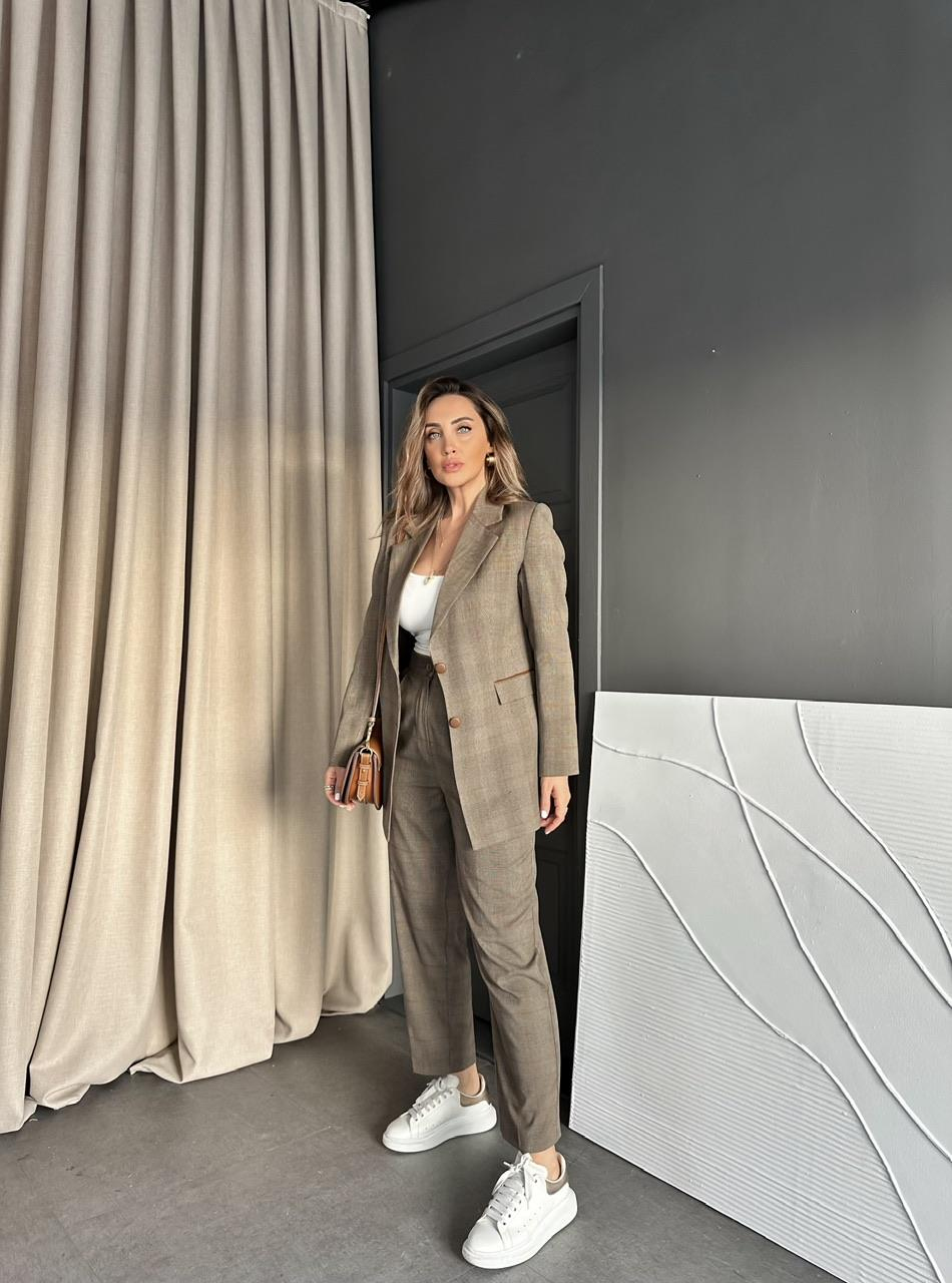 Kahve Ekose Deri Biyeli Premium Takım