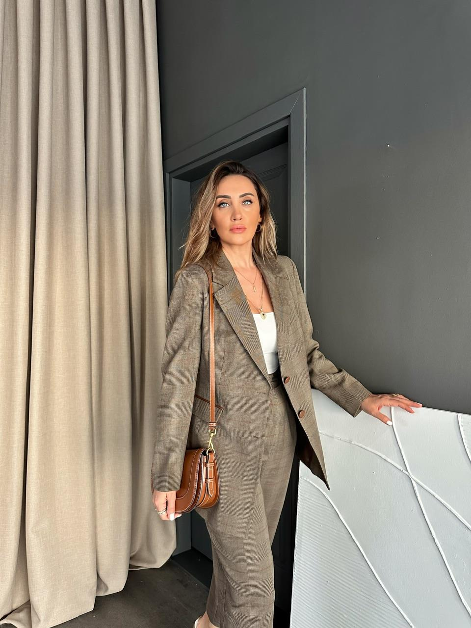 Kahve Ekose Deri Biyeli Premium Takım