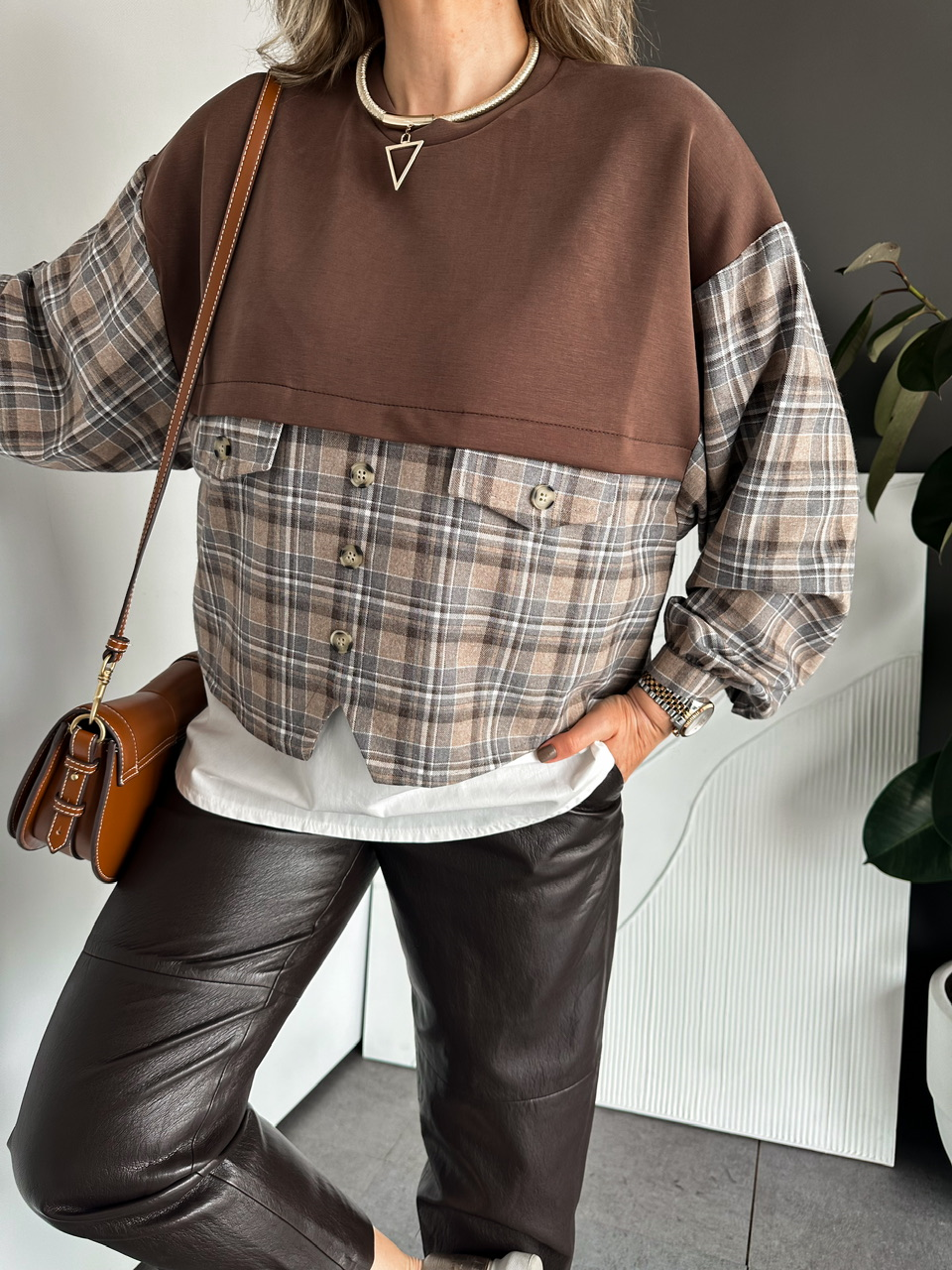 Kahve Ekose Gömlek Detaylı Sweatshirt
