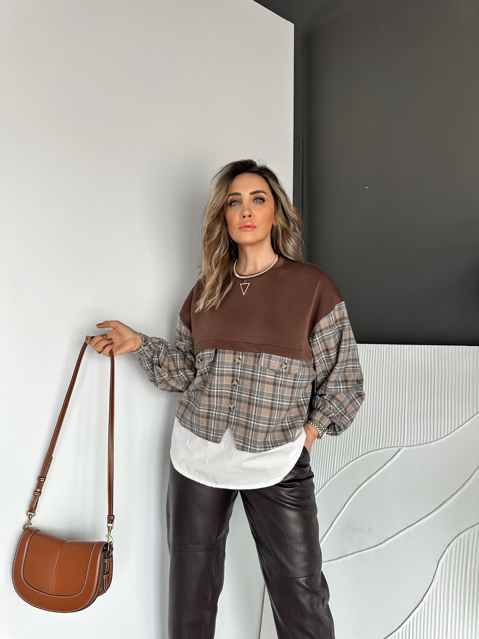 Kahve Ekose Gömlek Detaylı Sweatshirt