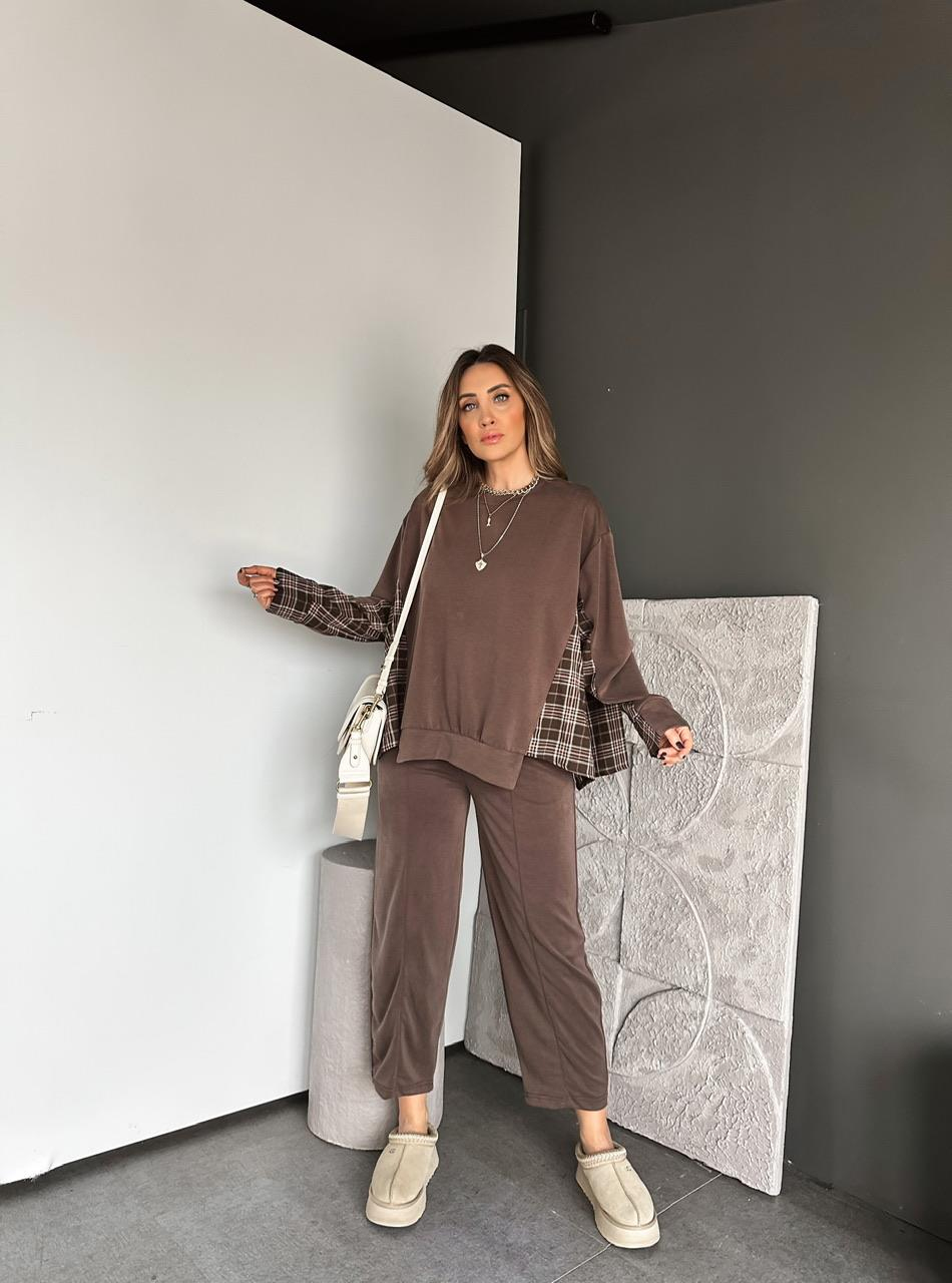 Kahve Ekose Gömlek Parçalı Takım