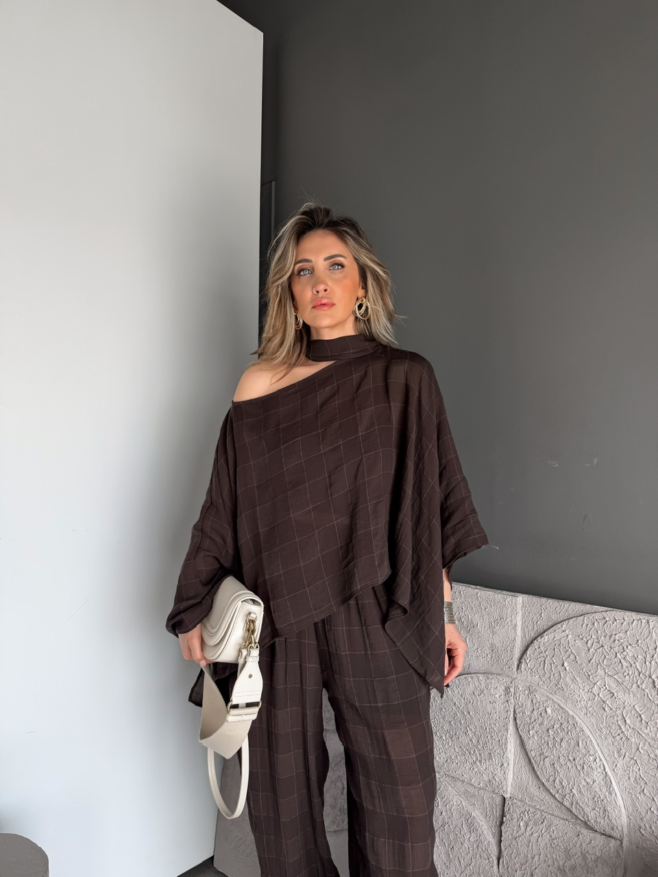 Kahve Ekose Yarasa Kol Bohem Takım
