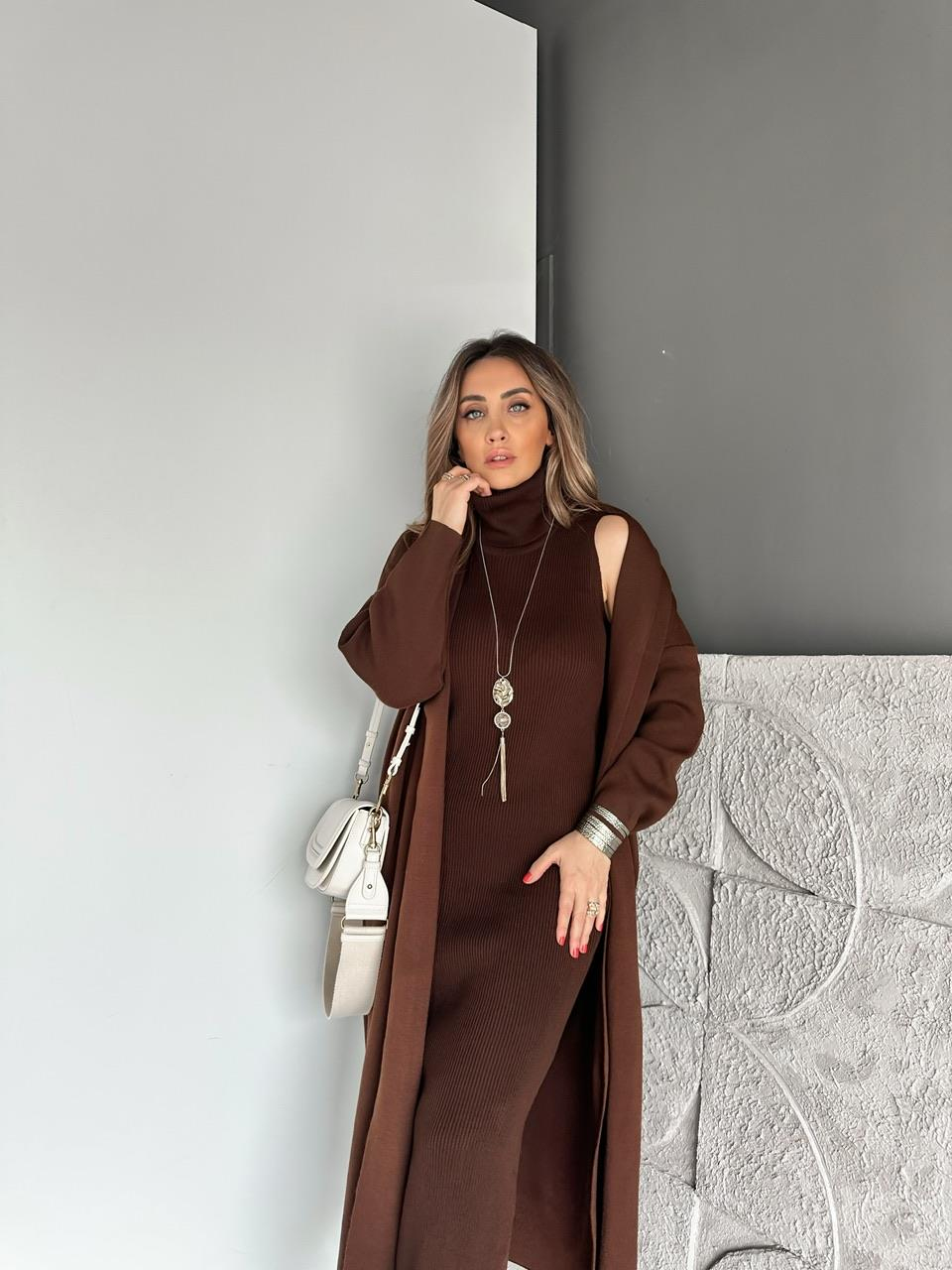 Kahve Elbise Hırka Triko Takım