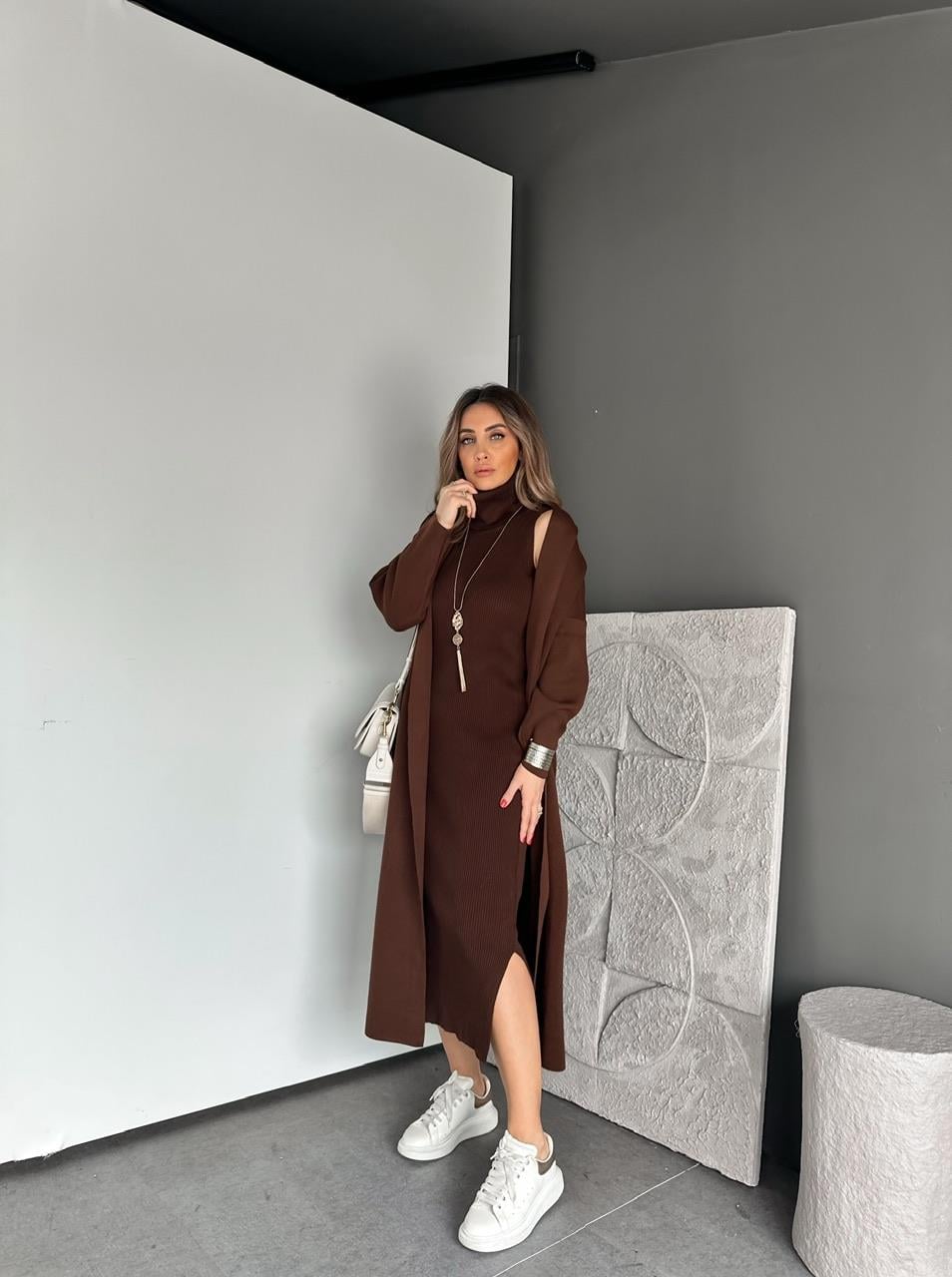 Kahve Elbise Hırka Triko Takım