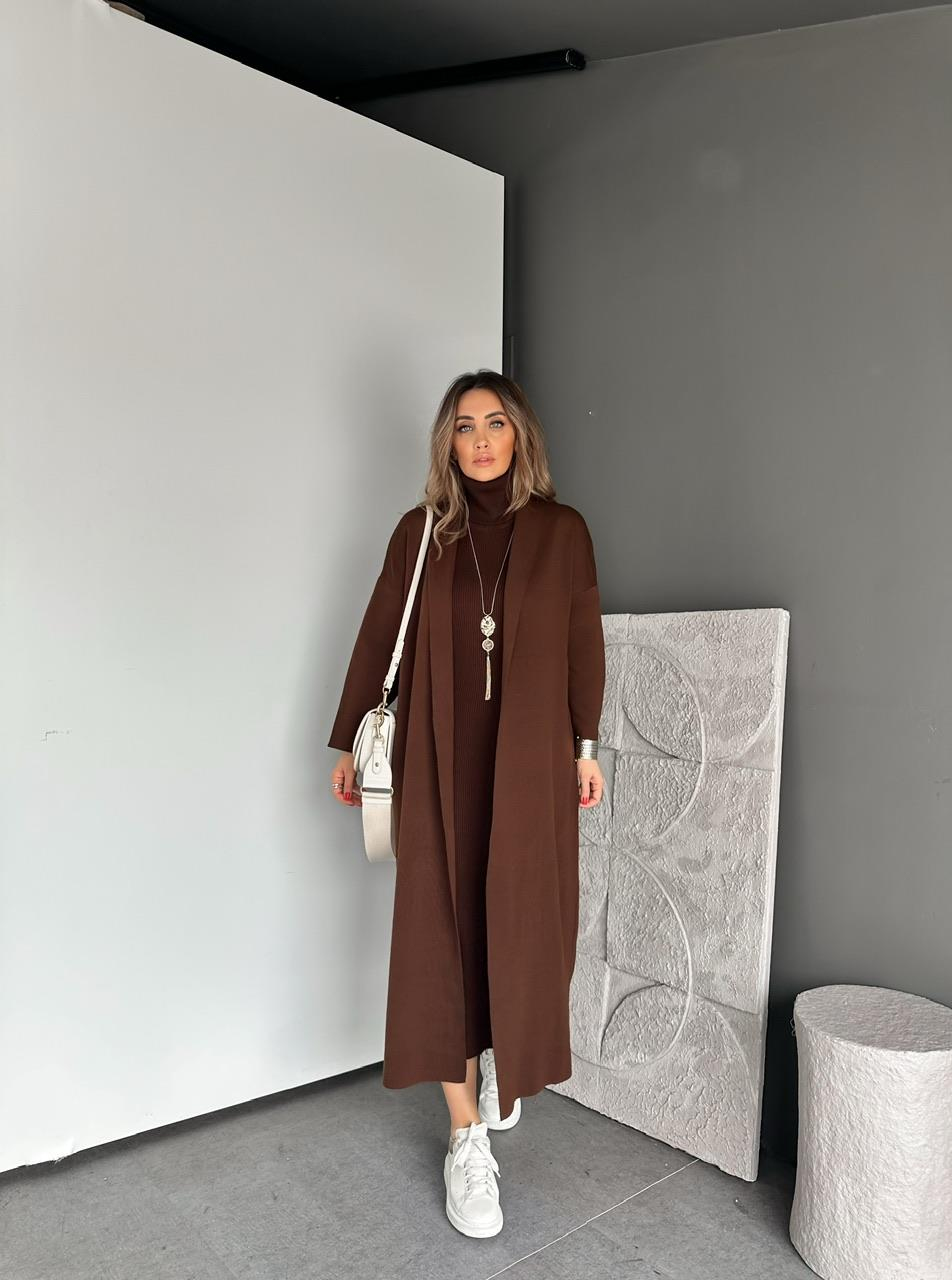 Kahve Elbise Hırka Triko Takım