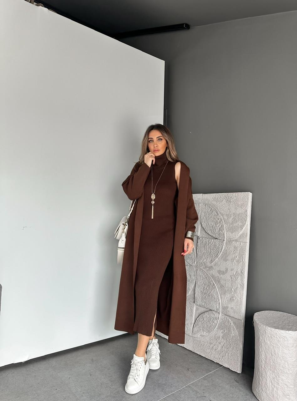 Kahve Elbise Hırka Triko Takım