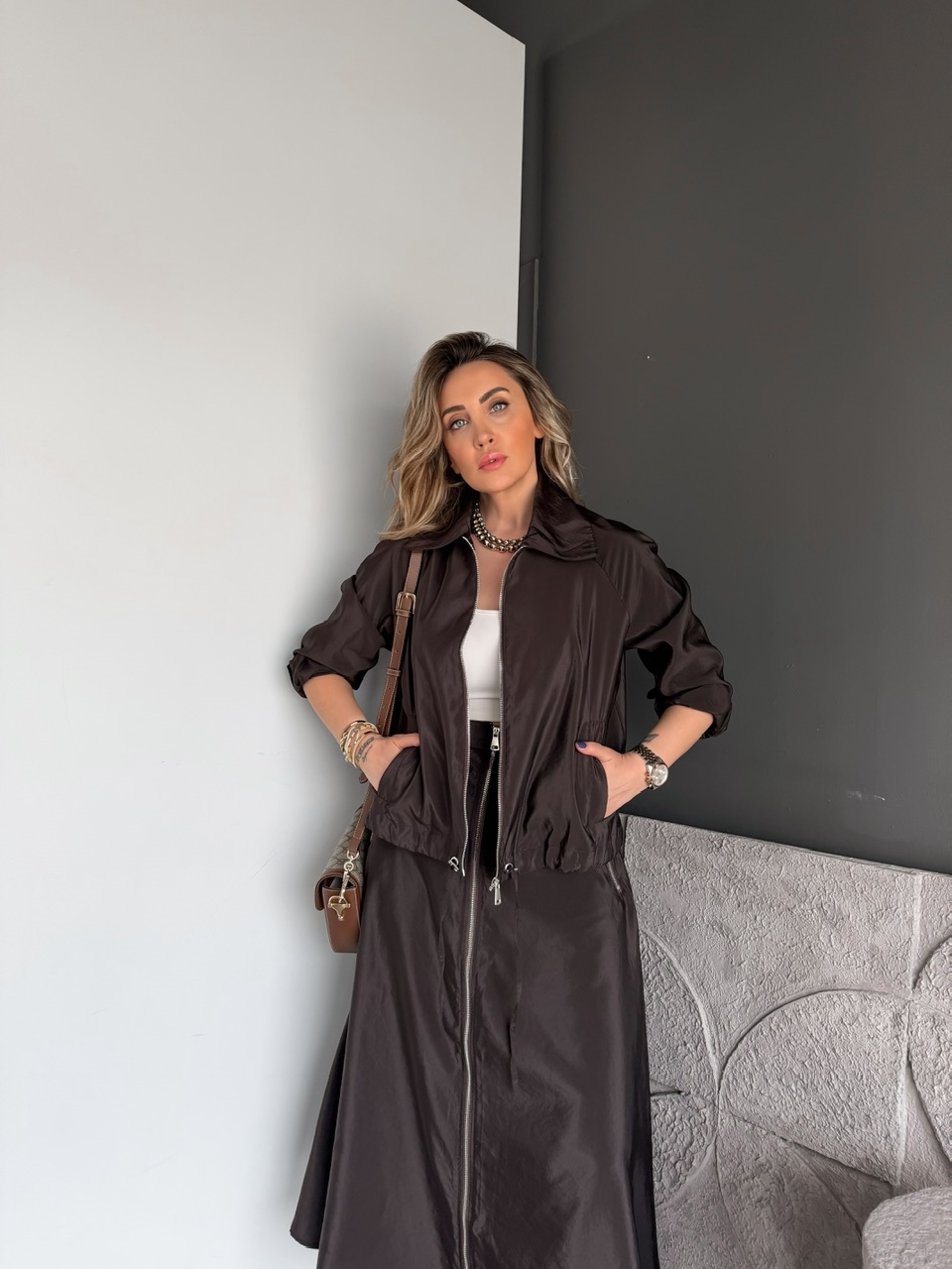 Kahve Eteği Fermuarlı Premium Takım