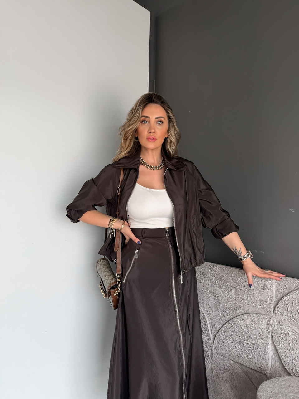 Kahve Eteği Fermuarlı Premium Takım