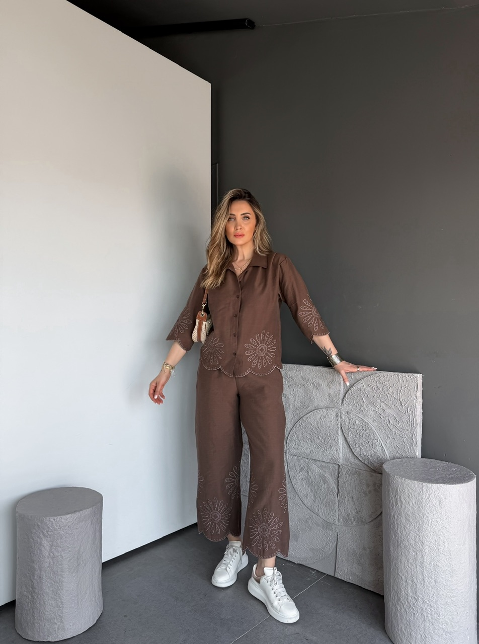 kahve Eteği Nakışlı Premium Keten Takım