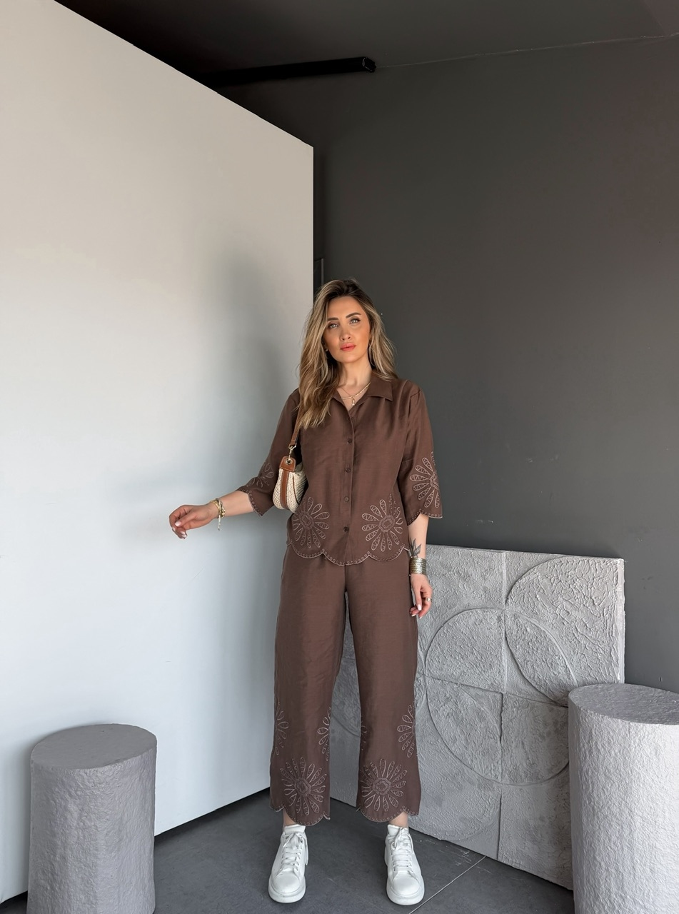 kahve Eteği Nakışlı Premium Keten Takım