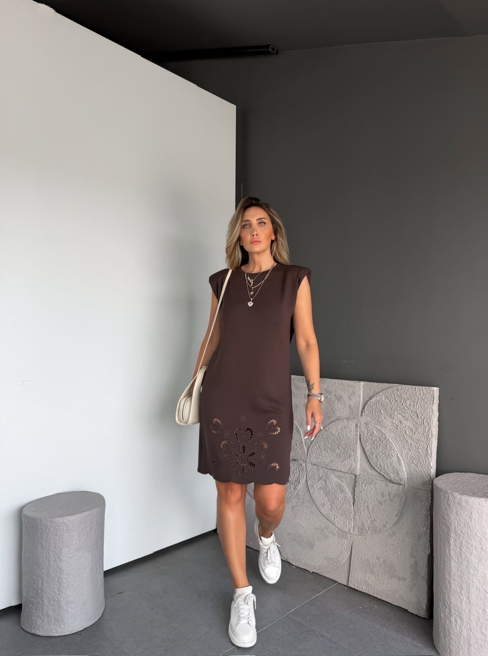 Kahve Etek Ucu Nakışlı Vatkalı Modal Elbise