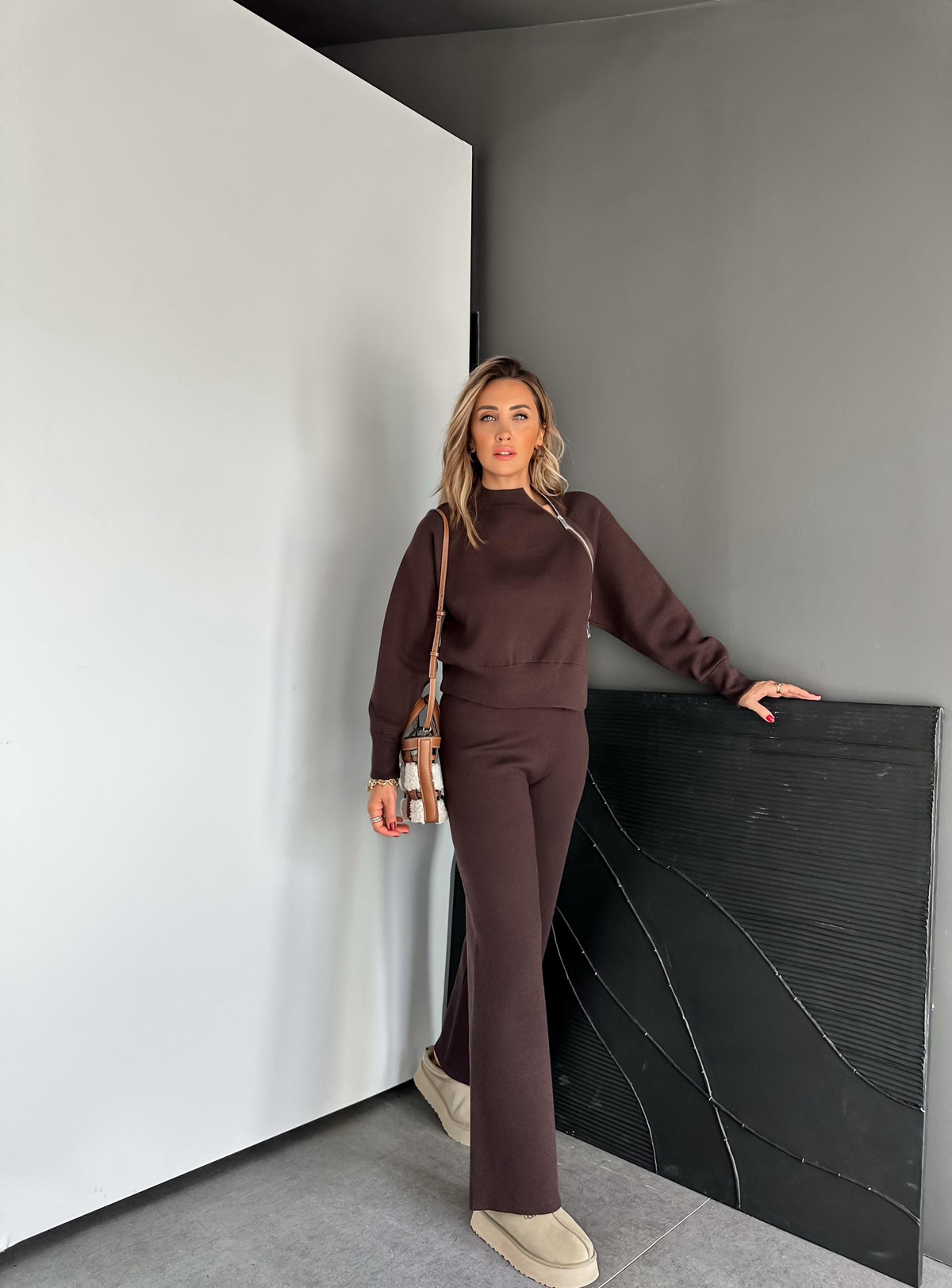 Kahve fermuar Detaylı Tasarım Triko Takım
