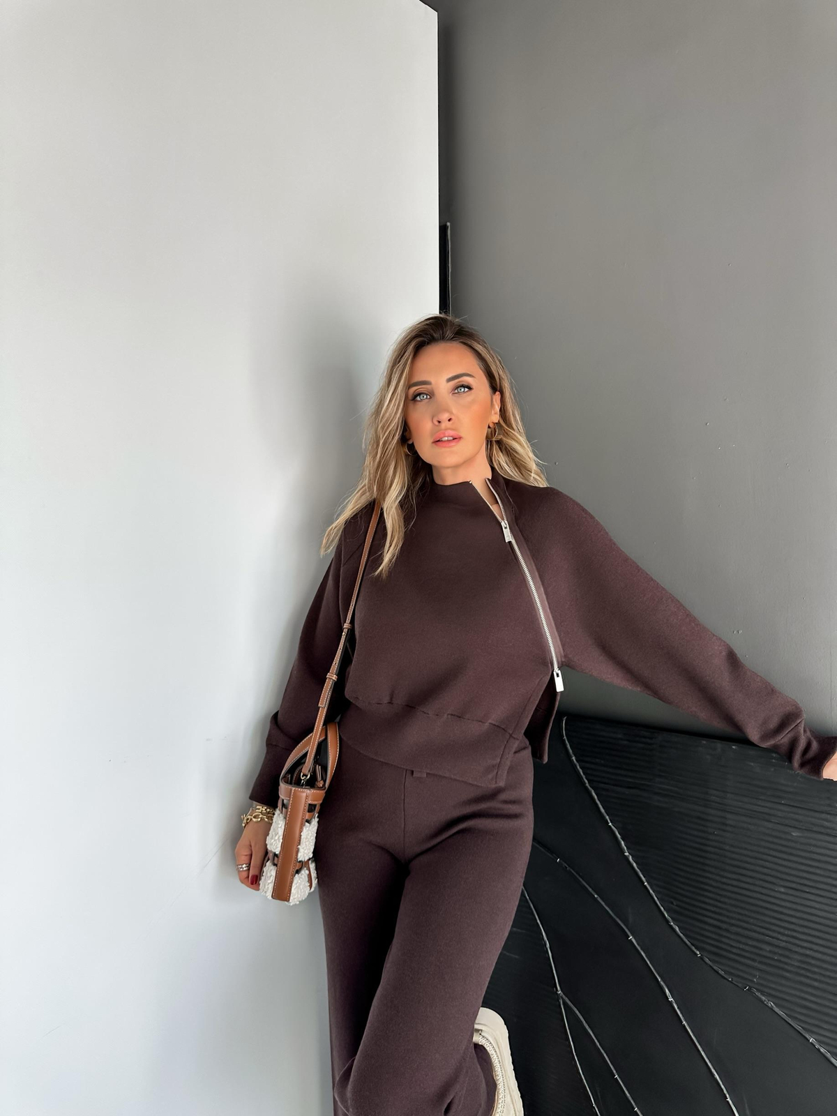 Kahve fermuar Detaylı Tasarım Triko Takım