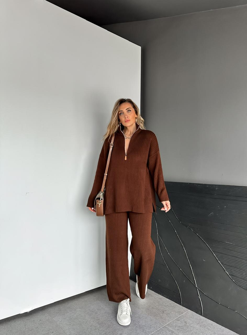 Kahve Fermuarlı Fitilli Triko Takım