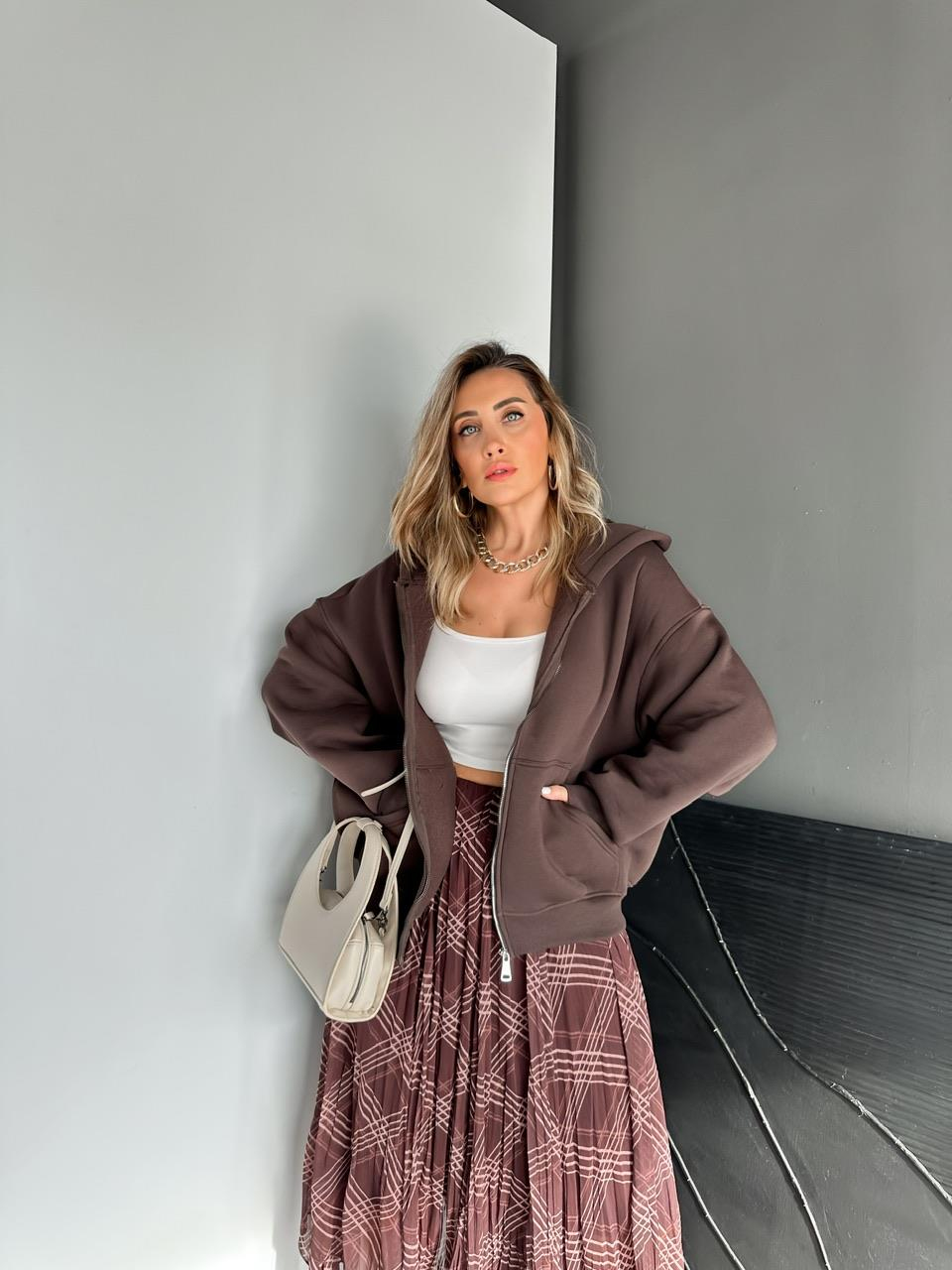Kahve Fermuarlı Şardonlu Sweatshirt