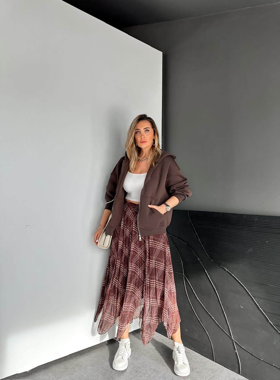 Kahve Fermuarlı Şardonlu Sweatshirt