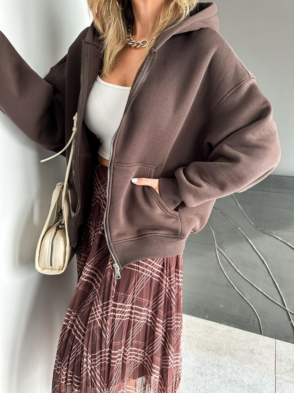 Kahve Fermuarlı Şardonlu Sweatshirt