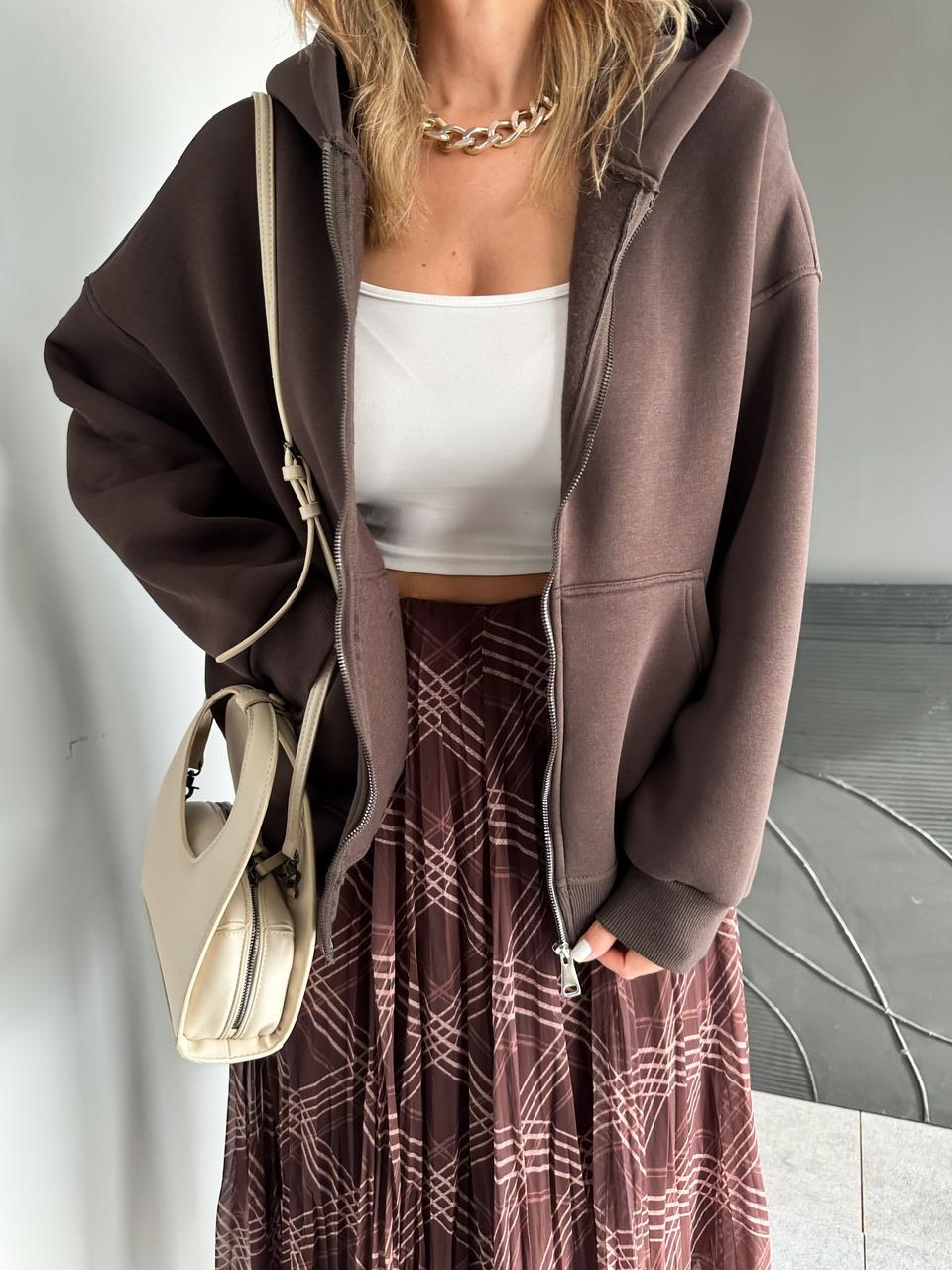 Kahve Fermuarlı Şardonlu Sweatshirt