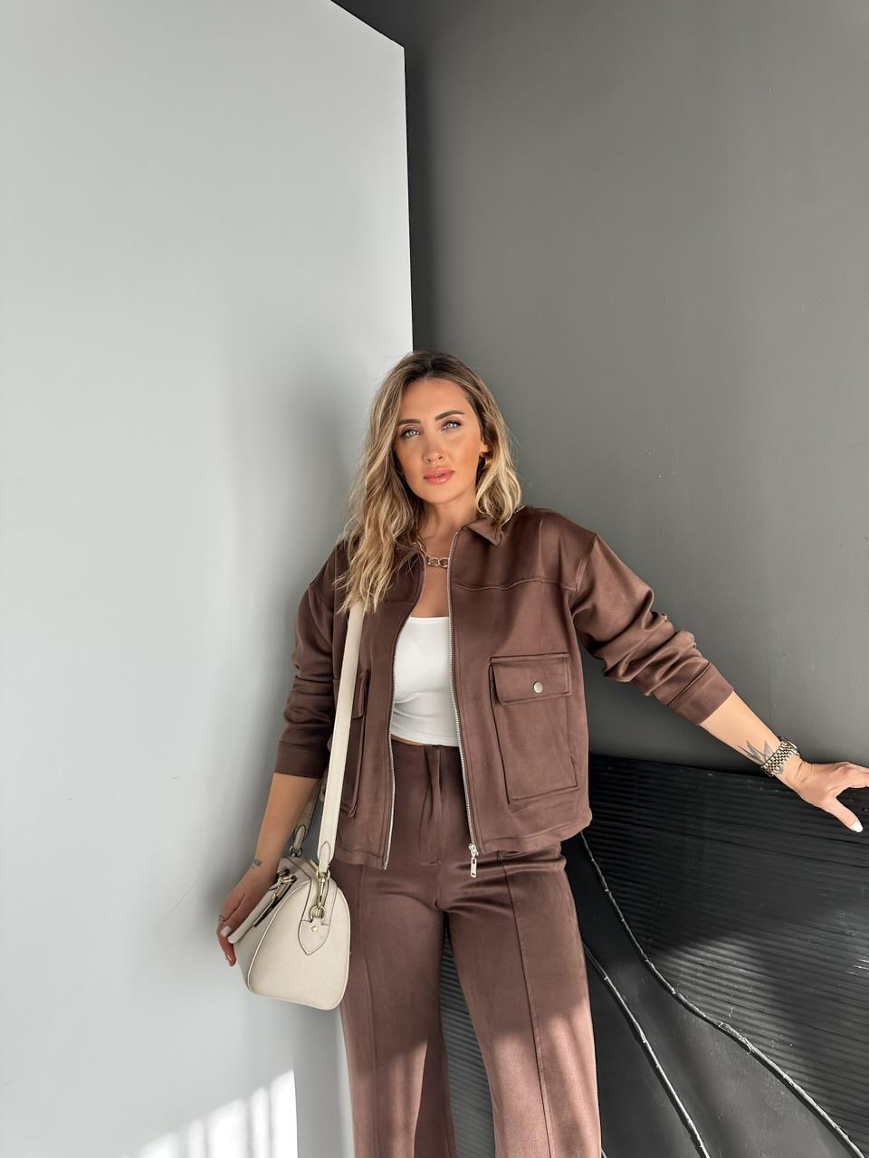 Kahve Fermuarlı Süet Spor Ceket
