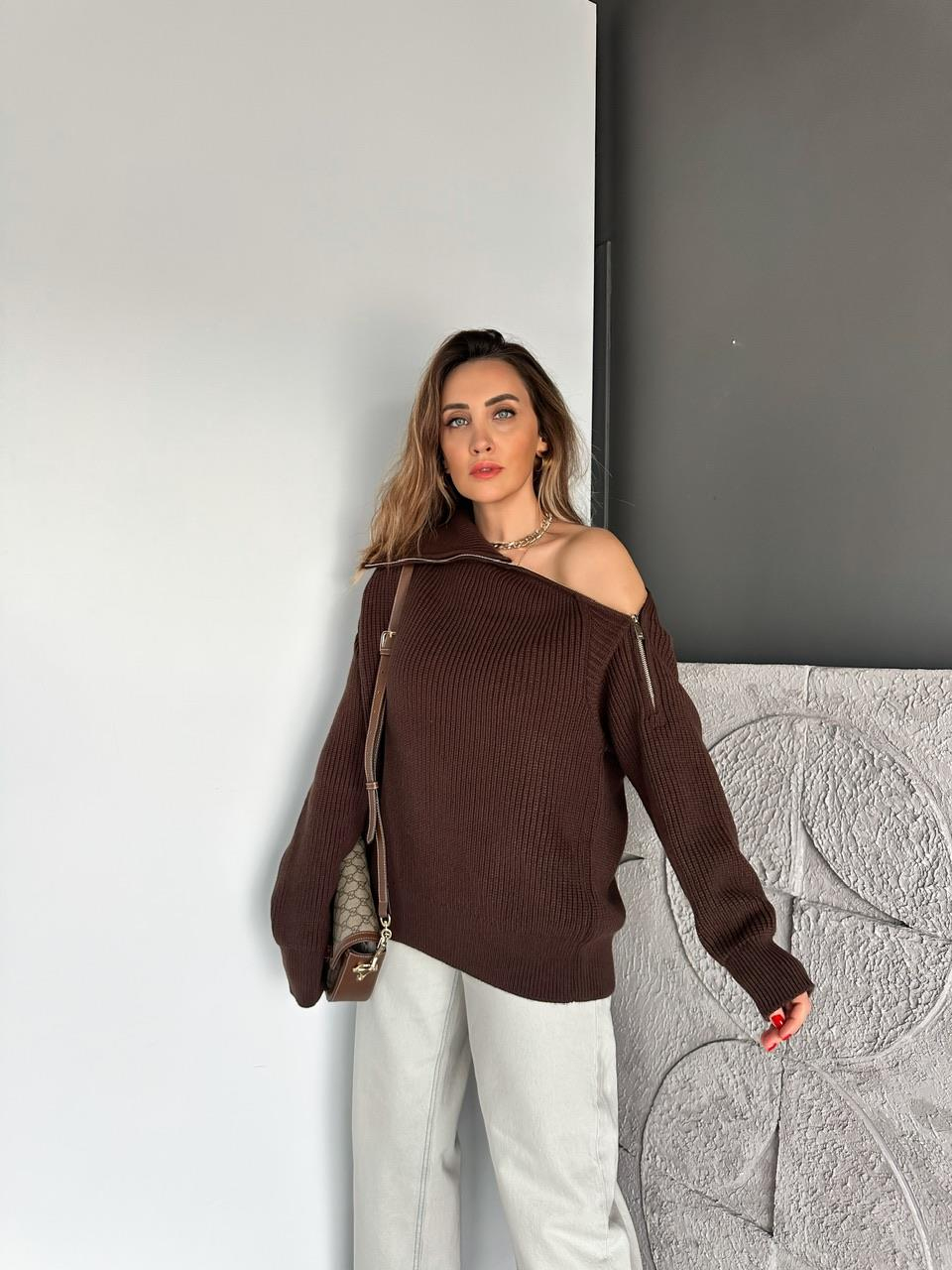 Kahve Fermuarlı Tasarım Premium Kazak