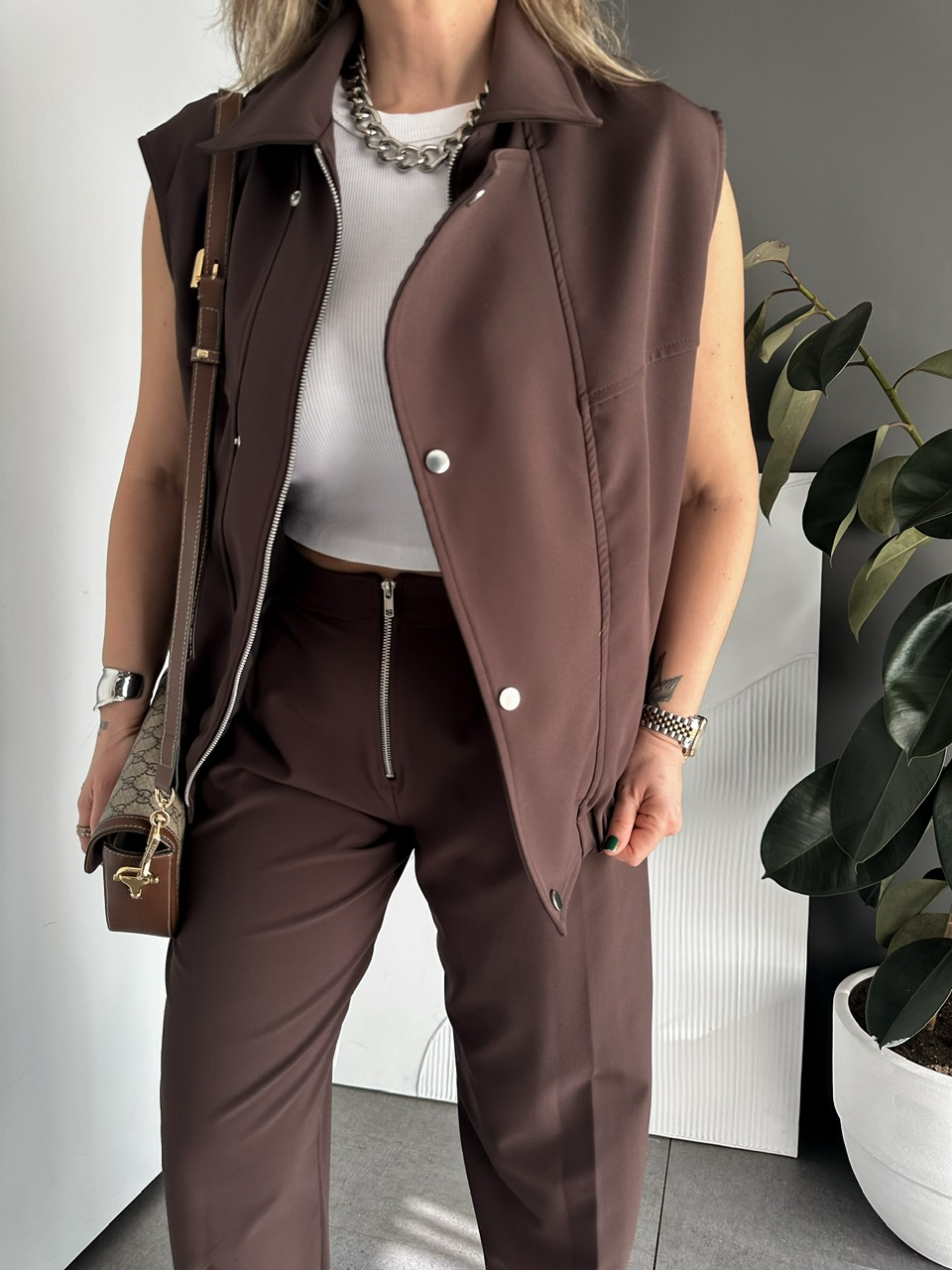 Kahve Fermuarlı Yelekli Premium Takım