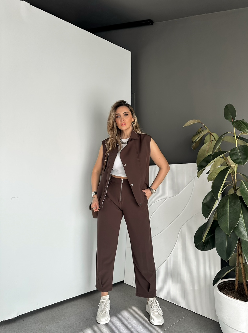 Kahve Fermuarlı Yelekli Premium Takım