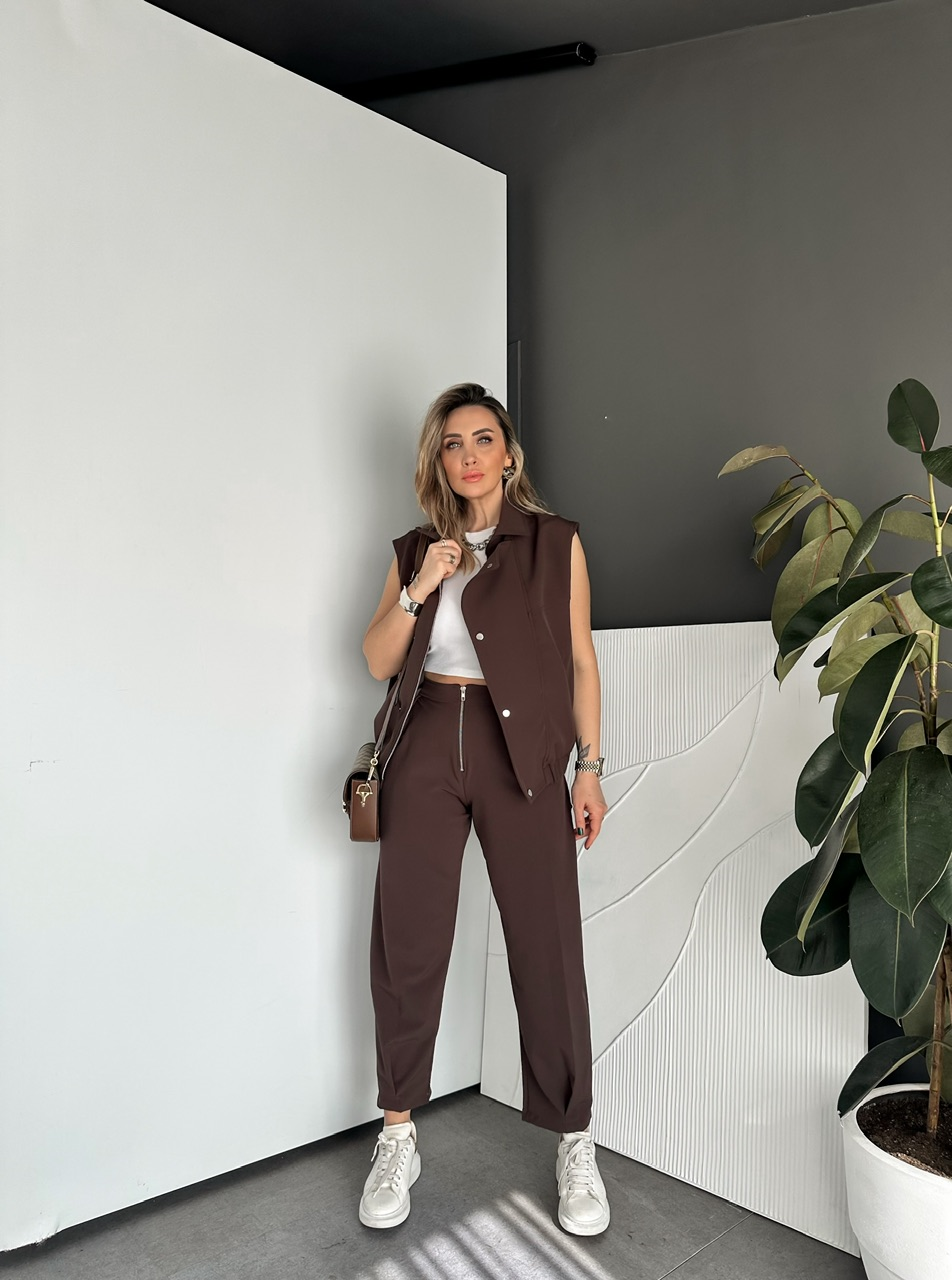 Kahve Fermuarlı Yelekli Premium Takım