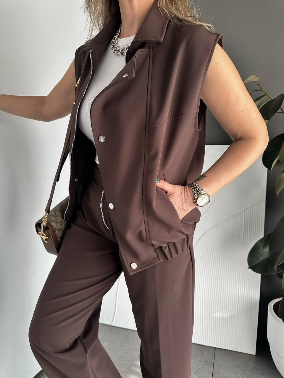 Kahve Fermuarlı Yelekli Premium Takım