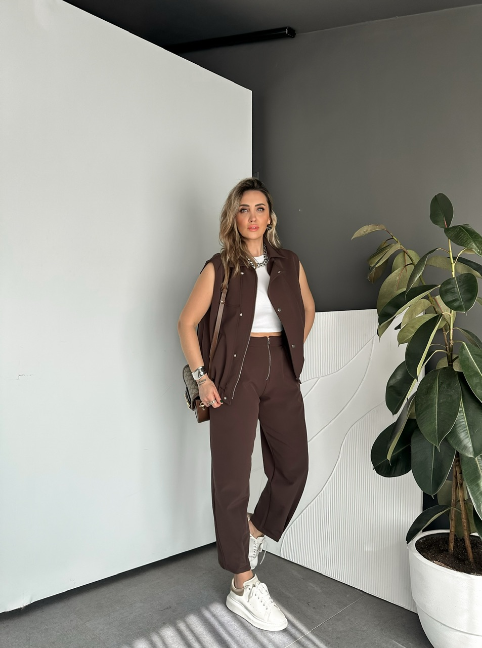 Kahve Fermuarlı Yelekli Premium Takım